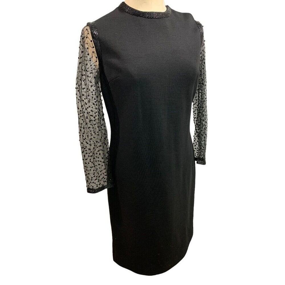 St. Andrews Vintage 1960's Sheer Sleeve Sheath Dress Black Zephyr Wool
